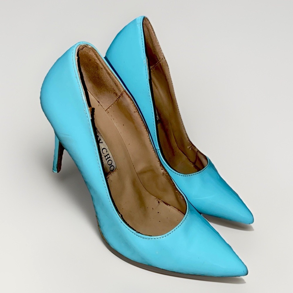 Jimmy Choo Patent Leather Turquoise Pointed Toe Pumps 8